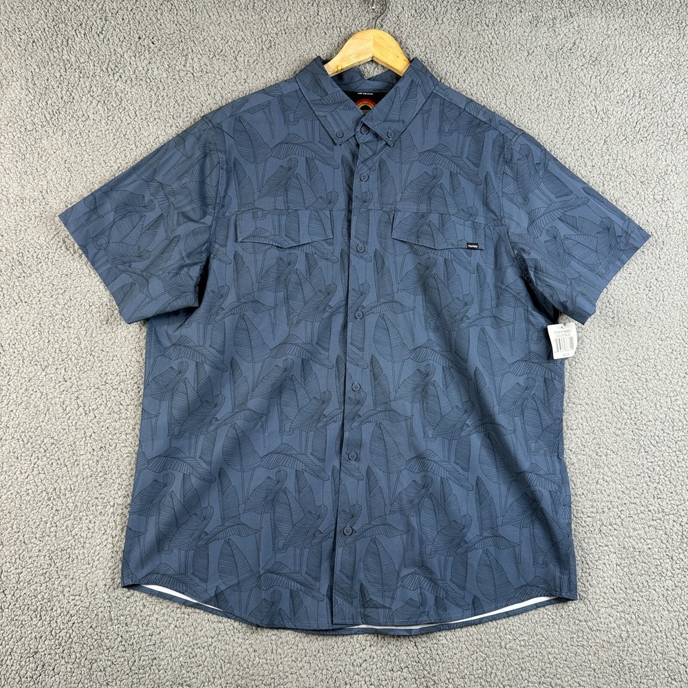 Hurley Shirt Mens Size XL Blue Floral Plant Loose Fit Surfing Button Down SS NWT